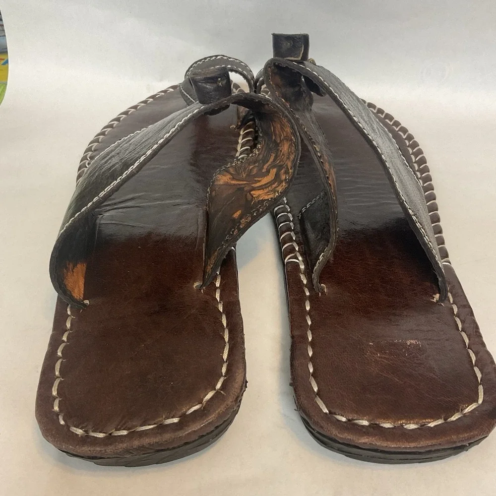 Men's Brown Leather Flip Flop Sandals size 10-10,5 Handmade Vibram Artisan Style